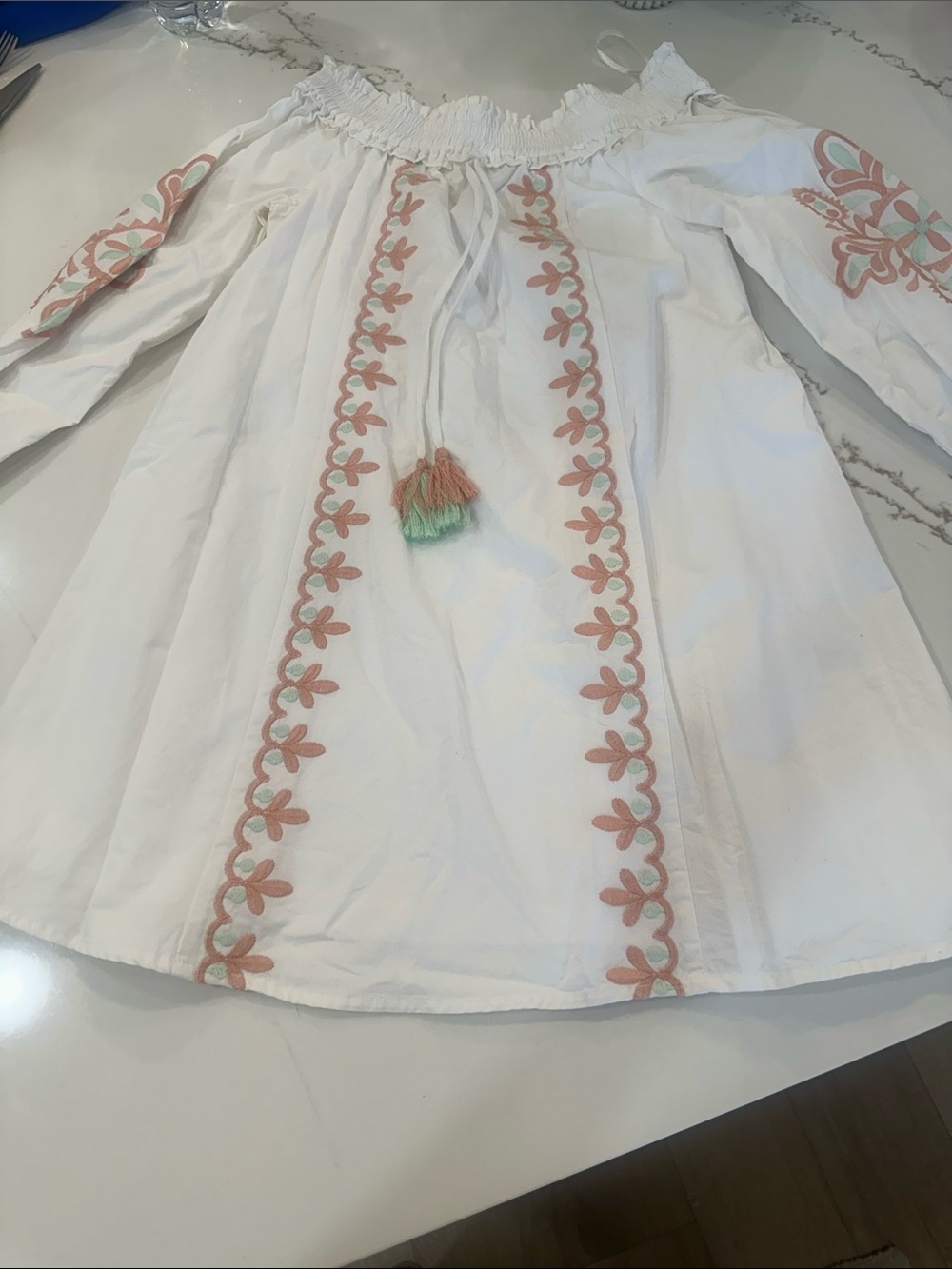Love Riche White Off-Shoulder Mini Dress w Peach & mint embroidery